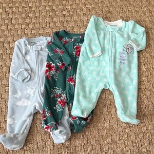 Set of Three Fleece Baby 0-3 Onesies One Piece Pajamas Bundle